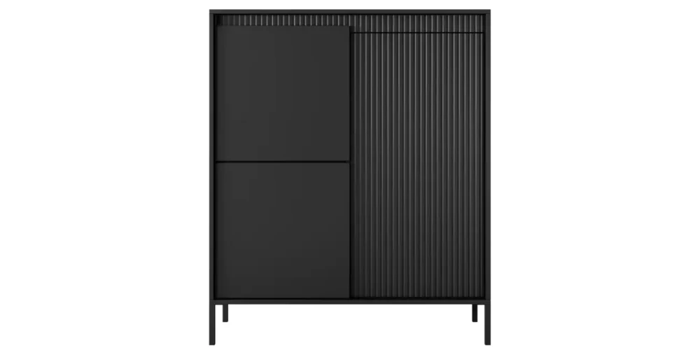 Highboard SENSO 103 cm Schwarz, Moderne Kommode mit 3 Türen, Riffeloptik, Push-to-Open