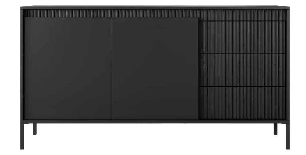 Kommode Sideboard SENSO 153 cm Schwarz, Riffeloptik, Push-to-Open, Modern
