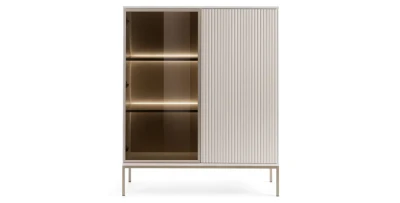 Vitrine SANTIA 104 cm – Japandi-Stil in Kaschmir mit Glas & LED