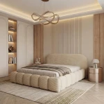Modernes Schlafzimmer mit dem eleganten Polsterbett Orlando slim (140x200 cm) im trendigen Cord-Stoff Poso, gemütlich arrangiert.