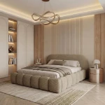 Modernes Schlafzimmer mit dem eleganten Doppelbett Orlando slim (160x200 cm) im trendigen Cord-Stoff Poso, gemütlich arrangiert.