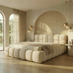 Modernes Schlafzimmer mit dem eleganten Polsterbett Boston slim (140x200 cm) im trendigen Bouclé-Stoff (Bubble-Optik), gemütlich arrangiert.