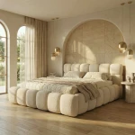 Modernes Schlafzimmer mit dem eleganten Queen-Size-Bett Boston slim (160x200 cm) im trendigen Bouclé-Stoff (Bubble-Optik), gemütlich arrangiert.
