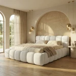 Seitenansicht des geräumigen Bettes Boston slim (180x200 cm) im Bouclé-Bezug, perfekt integriert in ein helles, wohnliches Master-Schlafzimmer.