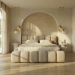 Frontale Ansicht des King-Size-Polsterbettes Boston slim in 180x200 cm aus dem weichen Bouclé-Stoff (Bubble-Optik), stilvoll arrangiert in einem modernen Master-Schlafzimmer.