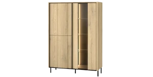 Highboard-Vitrine TIVOLI TI-02 (99 cm) – Torro Cremona Eiche & Schwarz mit LED-Beleuchtung