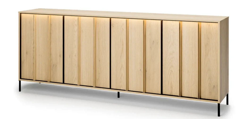 Sideboard-ITAMI-IT-05-mit-Beleuchtung,-4-türig,-XXL-Breite-206cm,-Eiche-Cremona-/-Schwarz
