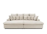 Frontale Studioansicht des massiven Lounge-Sofas LAZY im beigefarbenen Cordstoff Tilia, die die symmetrische Aufteilung der breiten Sitzfläche zeigt.