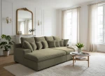 Stilvoll eingerichteter Wohnbereich, in dem das olivgrüne Cord-Sofa LAZY (Tilia 37) vor einem großen Spiegel und hellen Fenstern platziert ist.