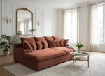 Gemütliche Raumgestaltung mit dem terrakottafarbenen XXL Sofa LAZY im Stoff Tilia 52 (Cord), arrangiert auf einem hellen Teppich.