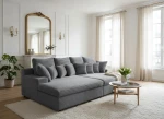 Modernes, helles Wohnzimmer-Interieur mit dem grauen Big Sofa LAZY im Bezug Tilia 90 (Cord) als elegantem Mittelpunkt.