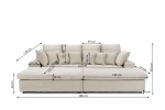 Detaillierte Maßskizze des XXL Sofas LAZY aus Tilia Cordstoff mit genauen Zentimeterangaben für Gesamtbreite, Sitztiefe und Höhe.