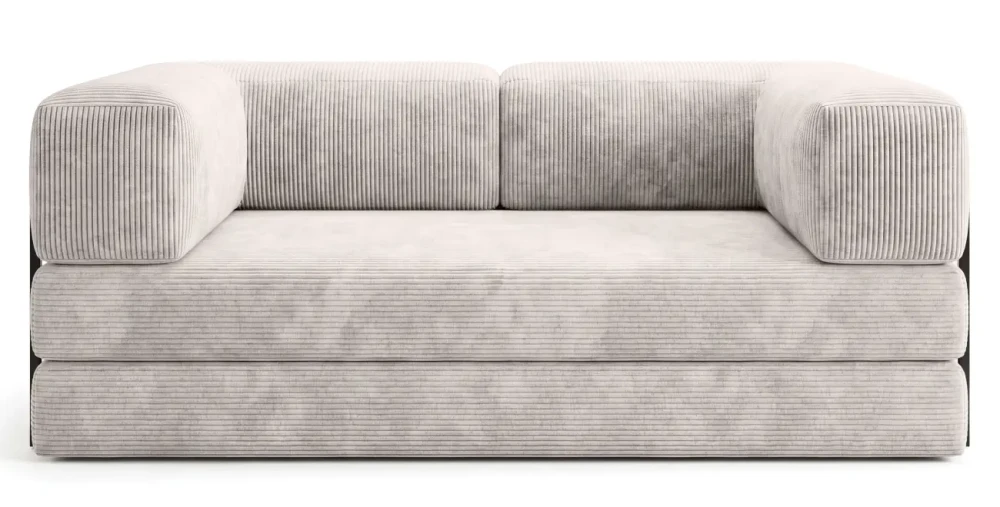 Frontale Ansicht des ausgeklappten Sofas EDI, das sich in ein riesiges, flaches Bett mit 200x200 cm Liegefläche verwandelt hat.