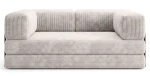 Frontale Ansicht des ausgeklappten Sofas EDI, das sich in ein riesiges, flaches Bett mit 200x200 cm Liegefläche verwandelt hat.