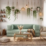 Stilvolles Wohnzimmer im Boho-Look mit dem hellgrünen Schlafsofa EDI im Breitcord Poso 47, umgeben von vielen Hängepflanzen.