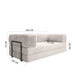 Detaillierte Maßskizze des beigefarbenen Sofas EDI mit schwarzem Metallrahmen und genauen Zentimeterangaben für Breite, Tiefe und Höhe.