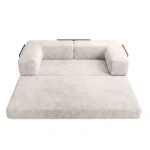 Frontale Ansicht des ausgeklappten Sofas EDI, das sich in ein riesiges, flaches Bett mit 200x200 cm Liegefläche verwandelt hat.
