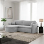 Modernes Raumkonzept mit dem uniwersalen L-Sofa VERONA L im hellgrauen Poso 55 Cordstoff.