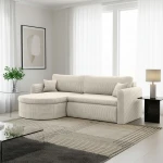 Lichtdurchfluteter Raum mit dem beigen Lounge-Ecksofa VERONA L aus dem weichen Cordstoff Poso 100.