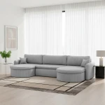 Modernes Raumkonzept mit dem uniwersalen XXL-Sofa VERONA U im hellgrauen Poso 55 Cordstoff.