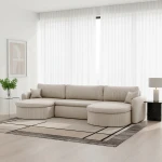 Lichtdurchfluteter Raum mit dem beigen Lounge-Ecksofa VERONA U aus dem weichen Cordstoff Poso 100.