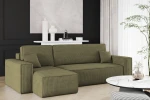 Stilvolle Einrichtung mit dem olivgrünen Lounge-Sofa KARL L aus dem gerippten Poso 44 Cordstoff als farblicher Akzent.