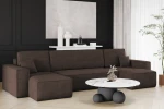 Elegantes Wohnzimmerdesign mit dem dunkelbraunen Ecksofa KARL U im Breitcord Poso 06, kombiniert mit einem runden Marmortisch.