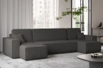 Kontrastreiches Wohnzimmerdesign mit der dunkelgrauen Wohnlandschaft KARL U im trendigen Bouclé-Stoff Abriamo.