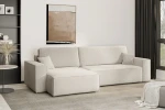Helles Lounge-Sofa KARL XL aus dem eleganten Bouclé-Gewebe Quelle 03, platziert auf einem grauen Teppich vor einem abstrakten Wandbild.
