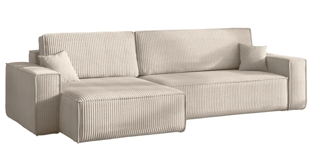 Freigestellte Studioaufnahme des cremefarbenen Ecksofas KARL XL im gerippten Poso 100 Cordstoff vor einem reinweißen Hintergrund.