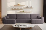 Modernes Interieur mit dem riesigen U-förmigen Ecksofa KARL XL U bezogen mit dem violett-grauen Cordstoff Poso 22.