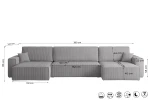 Technische Zeichnung der Wohnlandschaft KARL XL U mit genauen Maßen (380x145 cm) und Piktogrammen zu den Funktionen.