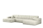 Helles, modernes Wohnzimmer mit der großen Wohnlandschaft Balia U im weichen Chenille-Bezug Perfect Harmony 01 als zentralem Blickfang.