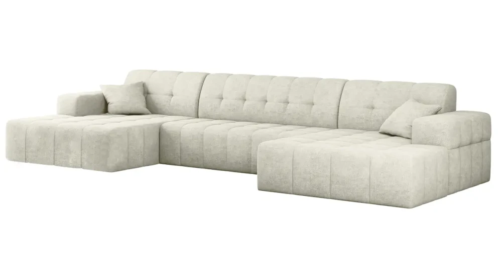 Freigestellte Studioaufnahme der U-förmigen Wohnlandschaft Balia U im cremeweißen Chenille-Stoff Perfect Harmony 01 vor weißem Hintergrund.