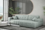 Zeitgemäße Wohnzimmergestaltung mit dem mintfarbenen Ecksofa Balia L im gemütlichen Chenille Perfect Harmony 72 neben einer Zimmerpflanze.