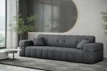 Kontrastreiches Wohnzimmer mit dem dunkelgrauen 3-Sitzer Balia im strapazierfähigen Chenille-Bezug Perfect Harmony 90 vor einer hellen Wand.