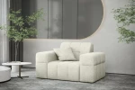Modernes Wohnzimmer mit dem eleganten 1-Sitzer Sessel Balia im hellen Chenille-Gewebe Perfect Harmony 01 als gemütlichem Leseplatz.