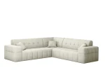 Freigestellte Studioaufnahme des symmetrischen Ecksofas Balia Corner im cremefarbenen Chenille-Stoff Perfect Harmony 01 auf weißem Hintergrund.