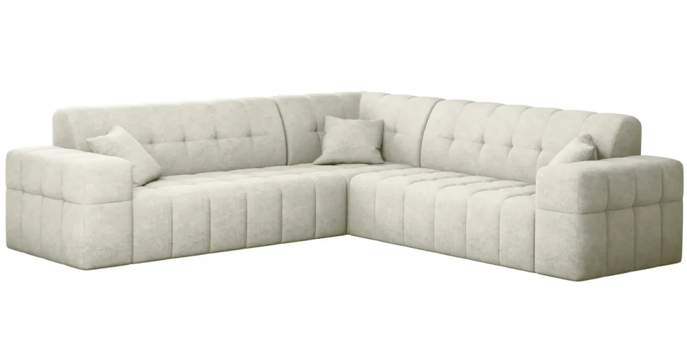 Freigestellte Studioaufnahme des symmetrischen Ecksofas Balia Corner im cremefarbenen Chenille-Stoff Perfect Harmony 01 auf weißem Hintergrund.