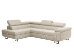 Freigestellte Studioaufnahme des beigefarbenen Ecksofas Tokyo im weichen Bezugstoff Poso (Cord) mit markanter Steppung vor einem reinweißen Hintergrund.