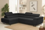 Modernes Ecksofa Tokyo im dunkelgrauen Bezug Poso (Cord), stilvoll arrangiert in einem hellen Wohnzimmer mit Zimmerpflanze und Juteteppich.