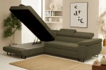 Olivgrünes Ecksofa Tokyo im gerippten Stoff Poso (Cord) mit hochgeklappter Sitzfläche, die einen geräumigen, integrierten Bettkasten präsentiert.