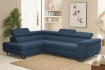 Elegantes, dunkelblaues Ecksofa Tokyo aus dem weichen Strukturstoff Poso (Cord) als farblicher Akzent in einem modernen, beigefarbenen Wohnraum.