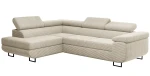 Freigestellte Studioaufnahme des beigefarbenen Ecksofas Tokyo im weichen Bezugstoff Poso (Cord) mit markanter Steppung vor einem reinweißen Hintergrund.