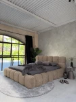 inladendes Schlafzimmer-Ambiente mit dem Beige Polsterbett 140x200 Cloudi im samtigen Bezug Lumo (Chenille), stilvoll dekoriert mit grauer Bettwäsche und Kuscheldecke.