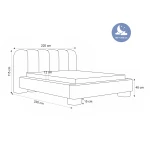 Technische Skizze des Polsterbettes Panola, die die genauen Abmessungen des Rahmens, der Beine und des Paneel-Kopfteils für die Matratzengröße 180x200 cm zeigt.