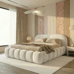 Cremeweißes Bett Orlando Slim 180x200 cm aus flauschigem Samt Donna, das dem Schlafzimmer eine luxuriöse Note verleiht.