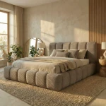 Gemütliches, kleines Schlafzimmer mit dem gerippten Bett Dallas Slim 180x200 cm im weichen Bezug Poso (Cord), dekoriert mit Pflanzen.