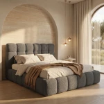 Dunkelgraues Polsterbett Denver Slim 140x200 cm im strukturierten Bouclé-Stoff Quelle, gemütlich dekoriert mit einer braunen Decke im hellen Raum.