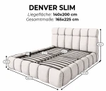 Detaillierte grafische Maßzeichnung mit den genauen technischen Spezifikationen für das Polsterbett Denver Slim 140x200 cm im Stoff Quelle (Bouclé).
